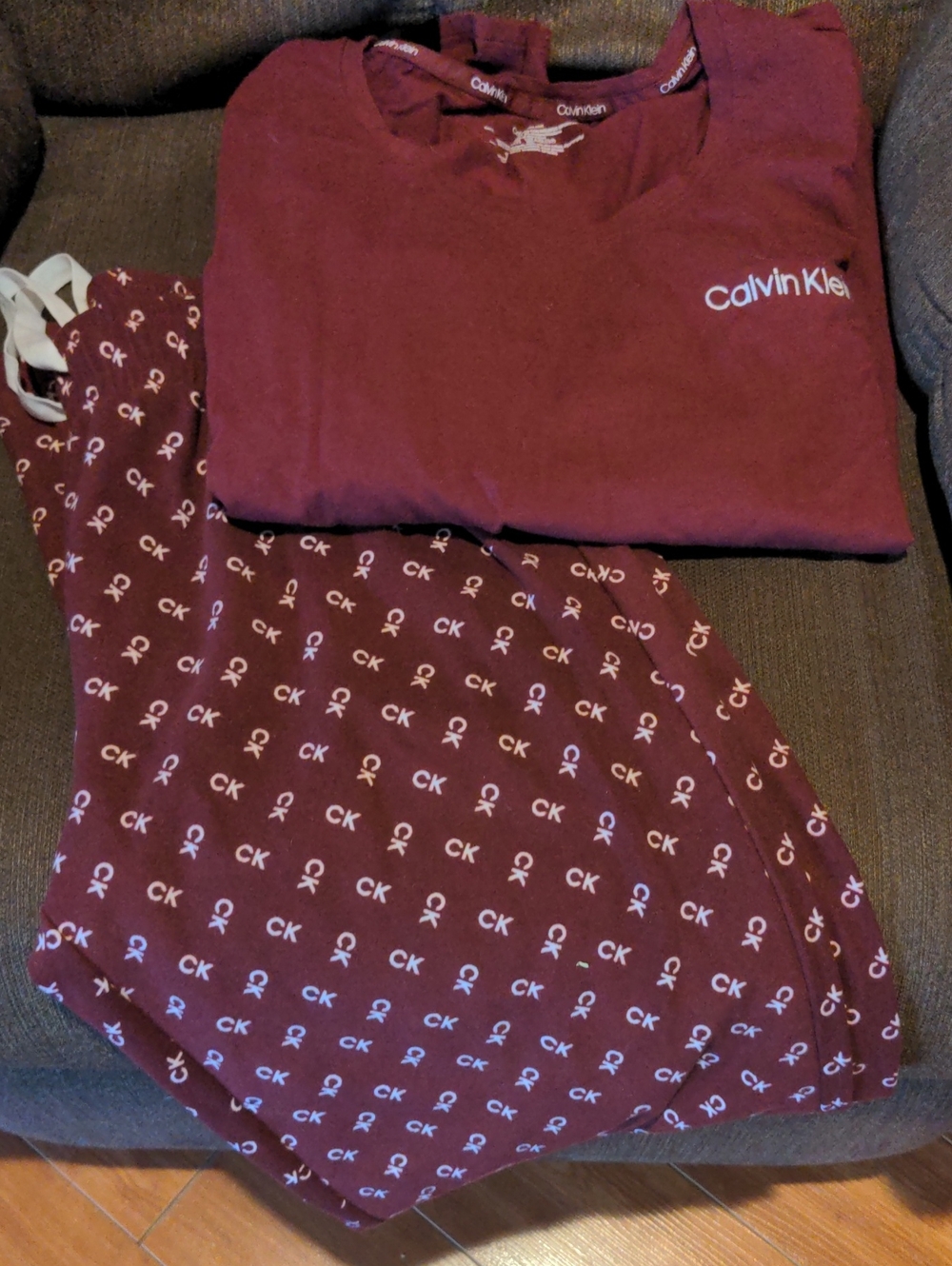 Calvin Klein Women's Burgundy Logo Pajama Set with Printed Pants